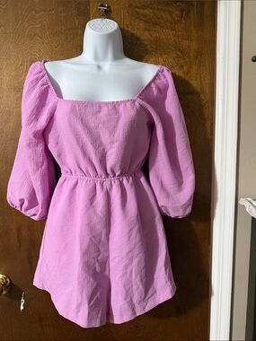 Forever 21 Pink Puff-Sleeve Square-Neck Tunic Romper